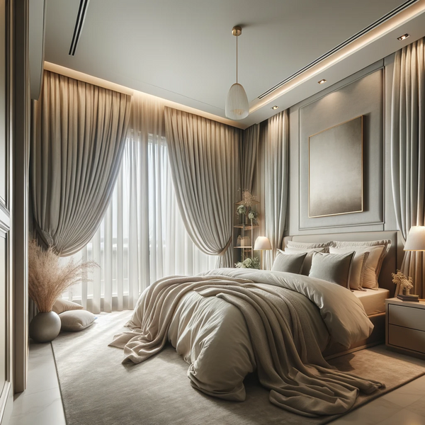 A beautiful designed bedroom with light colors. Window treatments are very professional designed. Curtains and shades are very professionally selected by a very experienced designer. 