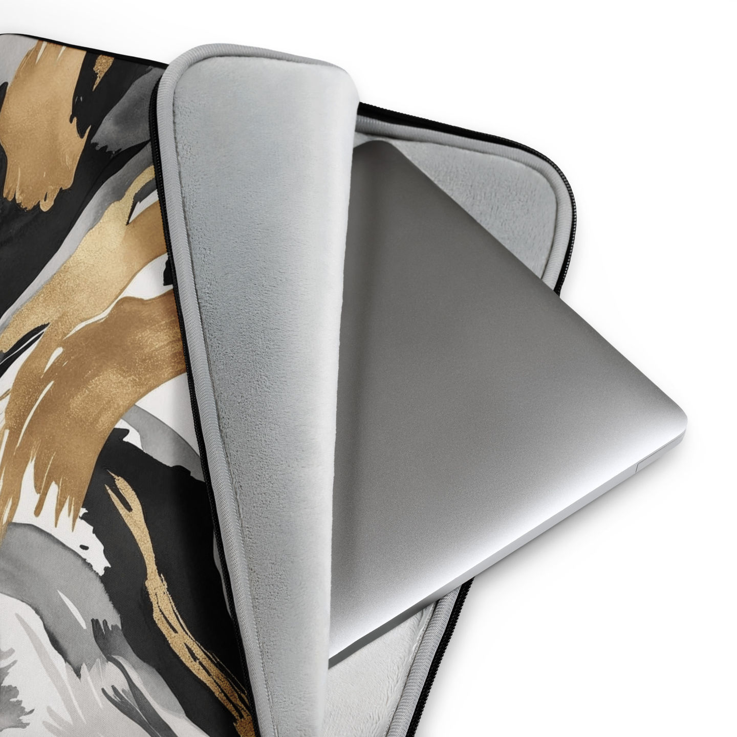 Golden Tempest laptop sleeve open wide, highlighting protective faux fur lining.
