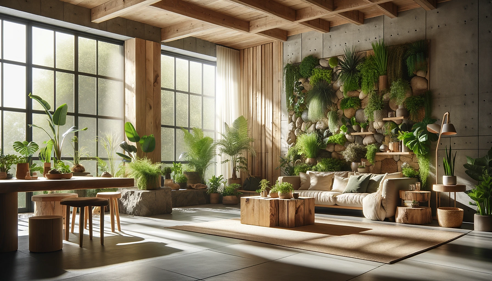 Living room with a living wall, potted plants, natural light, wooden furniture, and stone accents creating a serene biophilic design.