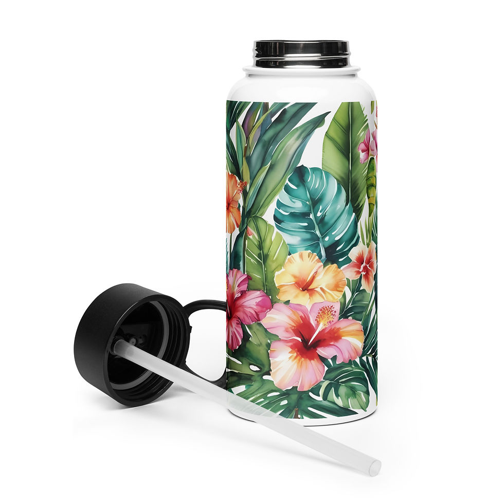 Front view of the Tropical Bloom Symphony water bottle with floral pattern and black lid.