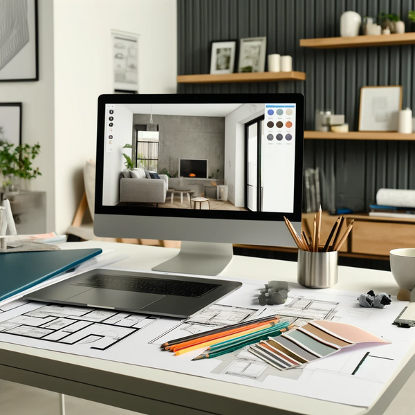 An online session for a color consultation between color consultant designer and client in a very chic and beautiful, modern office. 