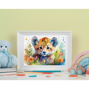 Baby Leo framed poster for nursery with playful plush bear