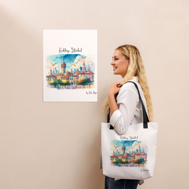 Model holding Kadikoy Istanbul watercolor tote bag – 15 inch stylish carryall