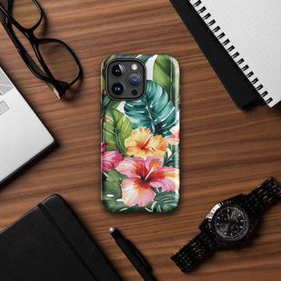 Back view of iPhone 14 Plus featuring Tropical Bloom floral case on wood backdrop
