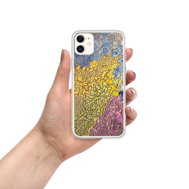 Hand holding iPhone case with Kaleidoscape Watercolor Art design – front view