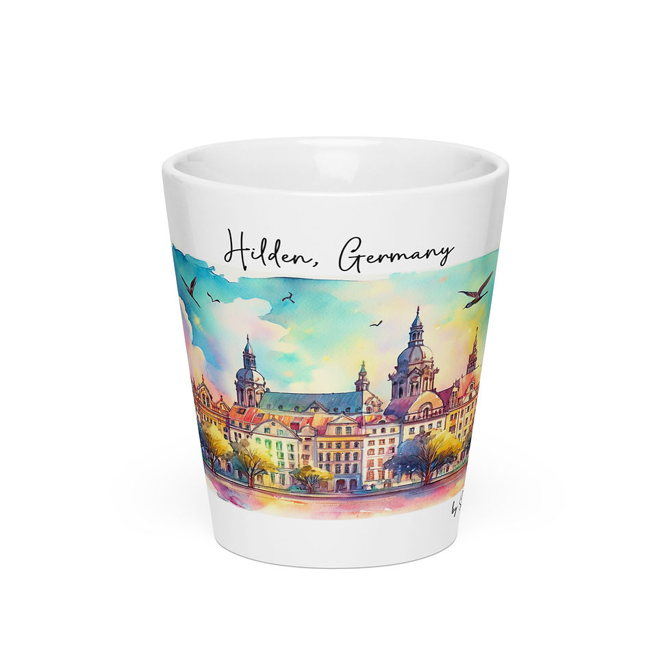 Hilden Germany skyline watercolor art on 12oz ceramic latte mug by Seda Akgun