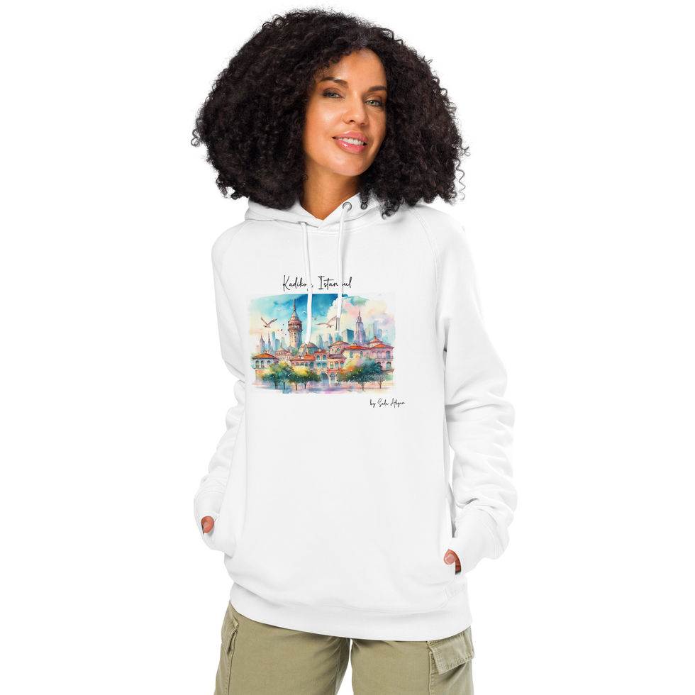 Smiling male model styling hoodie featuring Seda Akgun’s watercolor piece