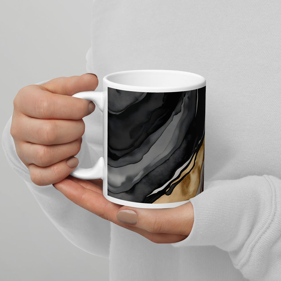 Top-down flat lay of Eclipse marble mug on white table with cozy elements.