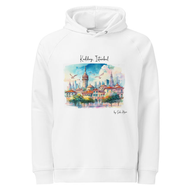 White unisex hoodie featuring watercolor artwork of Kadıköy, Istanbul by Seda Akgun.