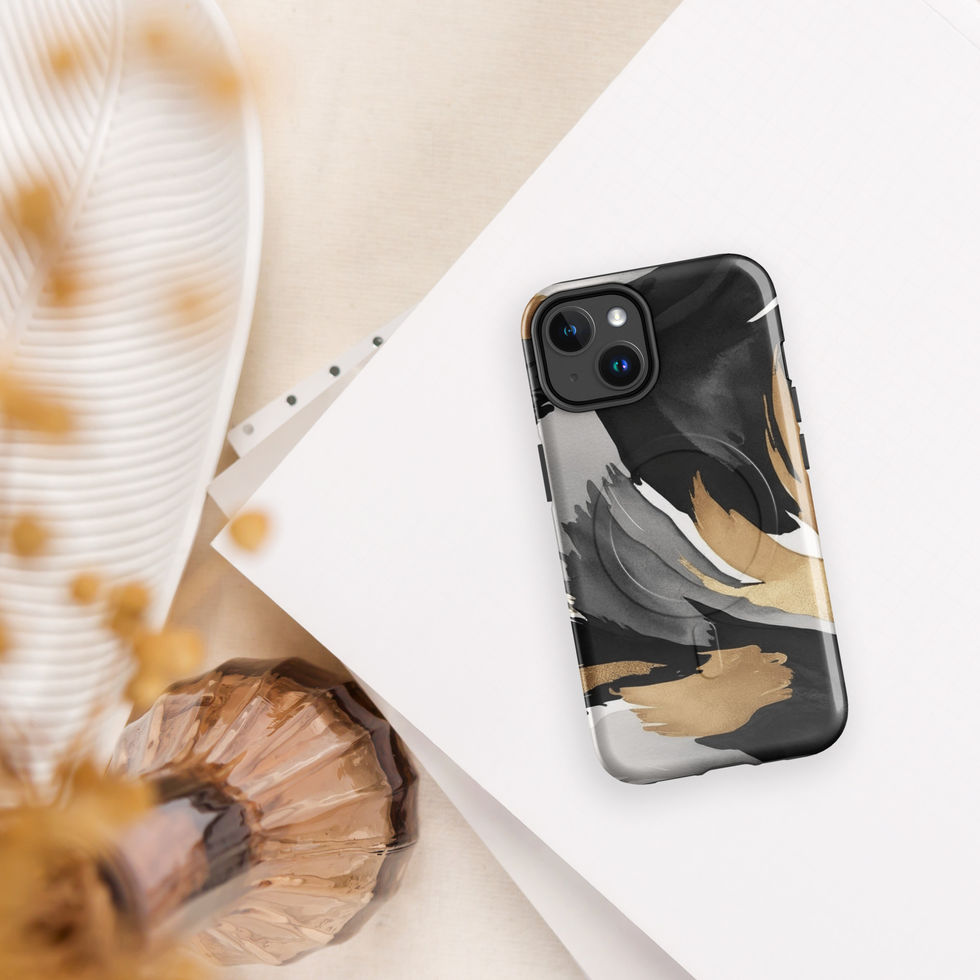 Hand holding iPhone 15 Pro in Golden Tempest case over white wall background.