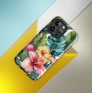 Botanical MagSafe® phone case on iPhone 16, styled beside coffee and book on soft white fabric