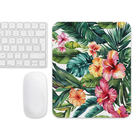 Mouse pad styled on a minimalist desk with a white keyboard and accessories.
