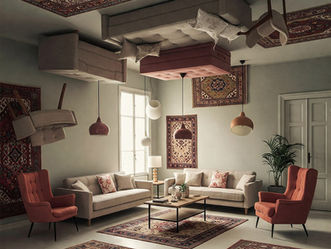 An upside-down living room setup with furniture and rugs mounted to the ceiling for an April Fools Day home design prank