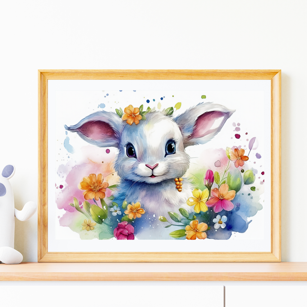 Baby Bunny watercolor artwork in oak frame on wooden shelf