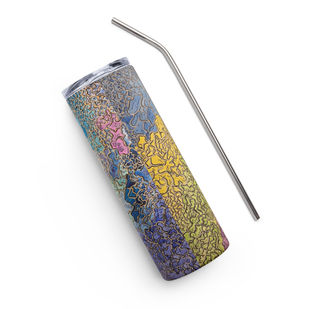 Hand holding Kaleidoscape Watercolor stainless steel tumbler, showing ergonomic design