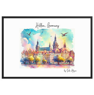 Watercolor brush detail of Hilden skyline with white frame option