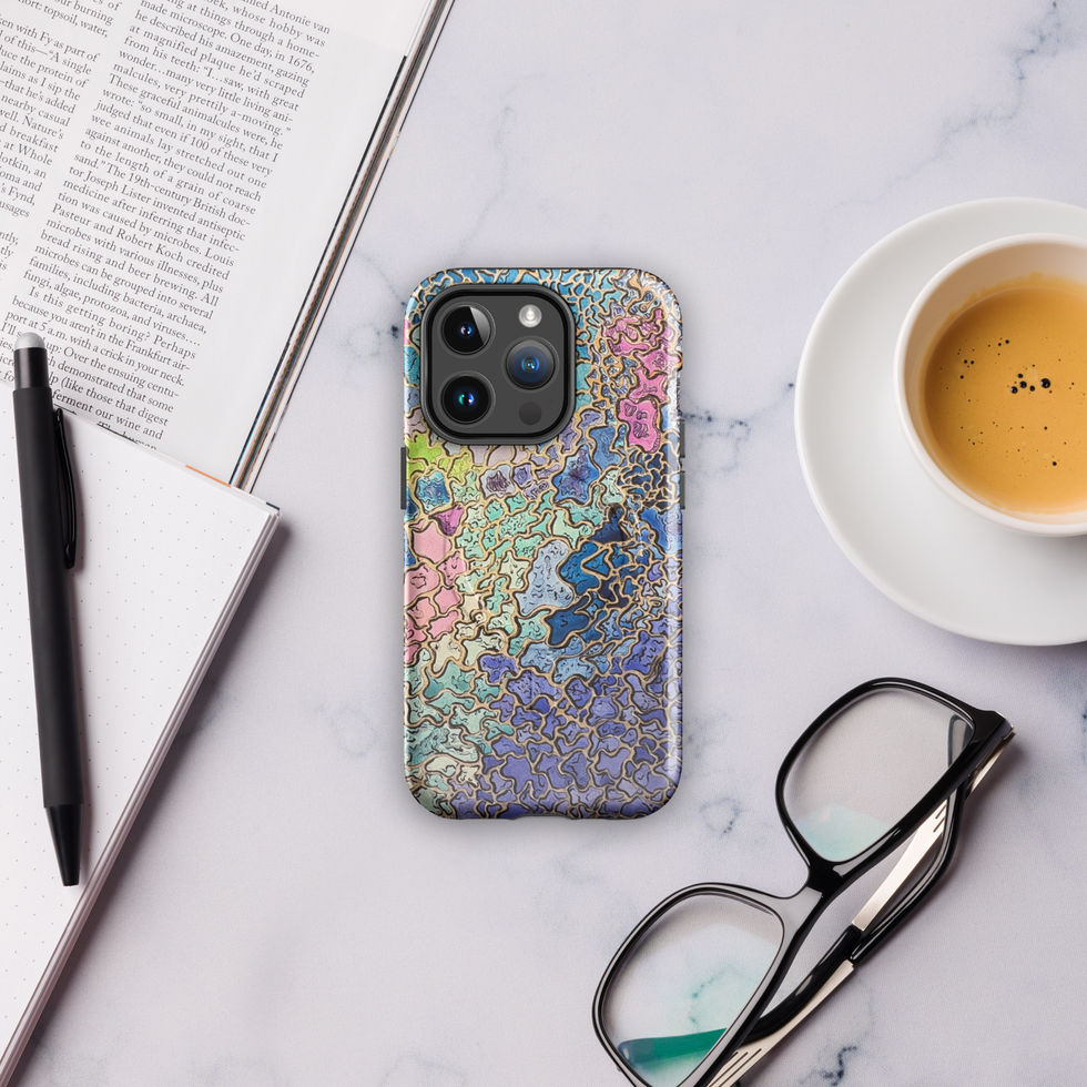 Flat lay of Kaleidoscape phone case beside stylus and accessories