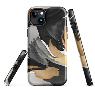 Artistic layout of Golden Tempest iPhone case on black desk with calligraphy pen.