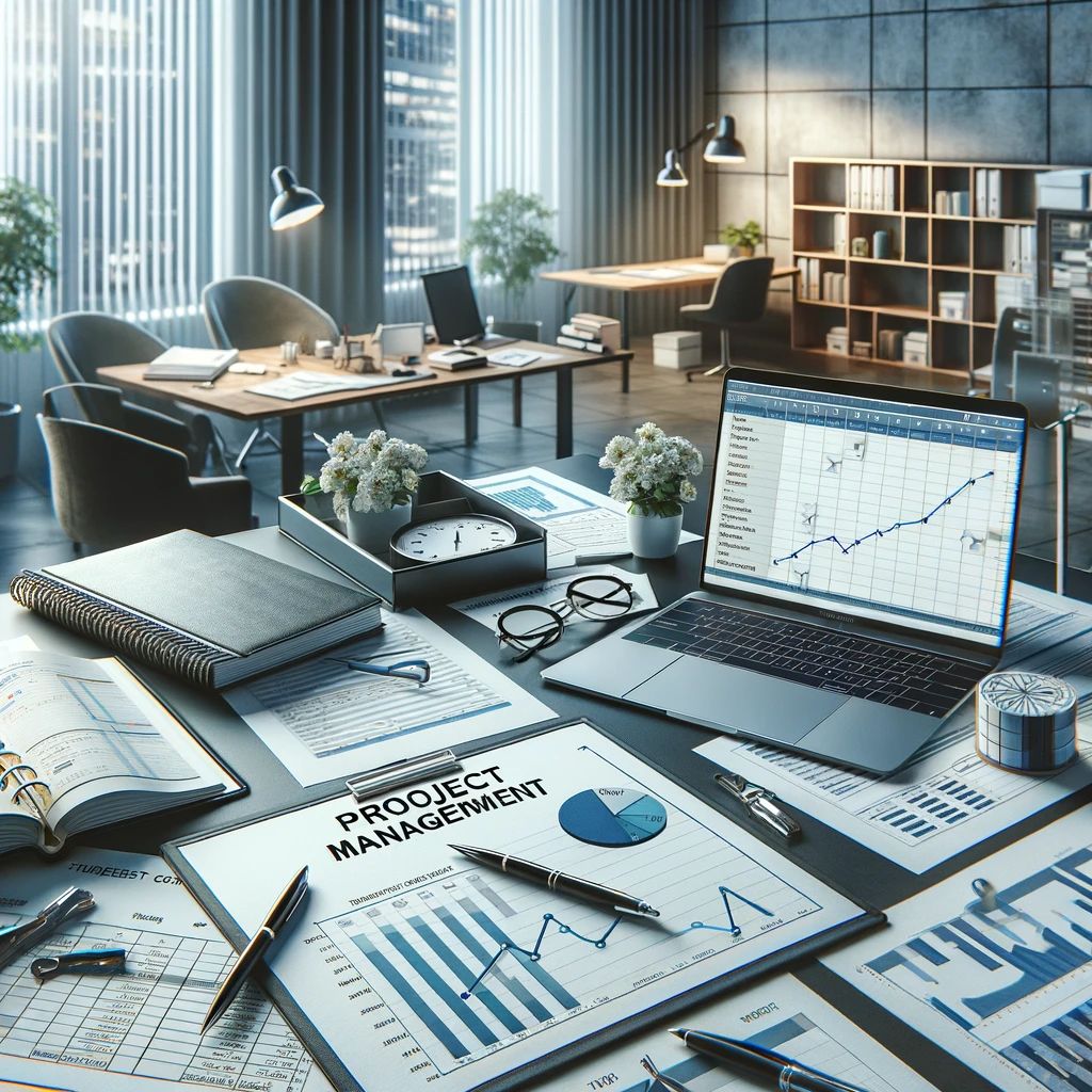 Workspace with project management tools like laptops, tablets, and drawing tools.