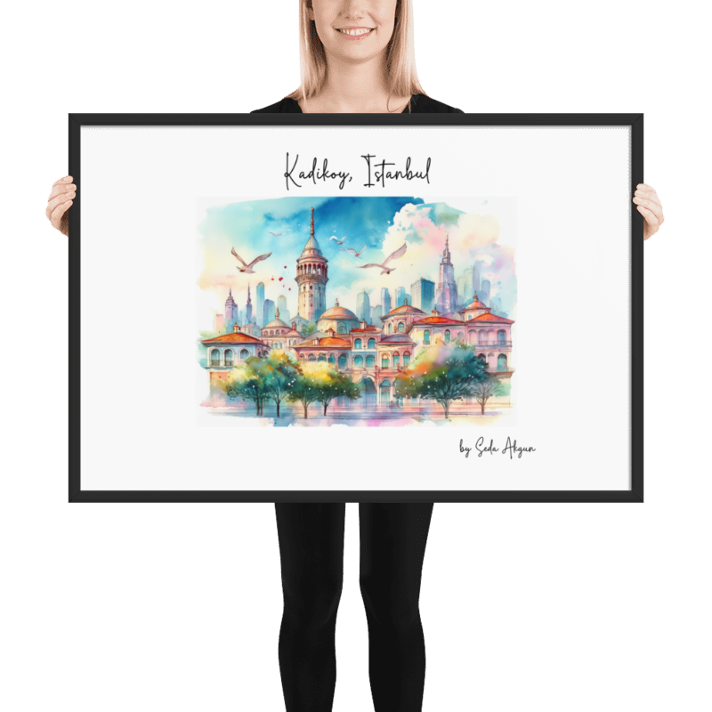 Model holding framed Kadikoy Istanbul skyline watercolor poster by Seda Akgun.