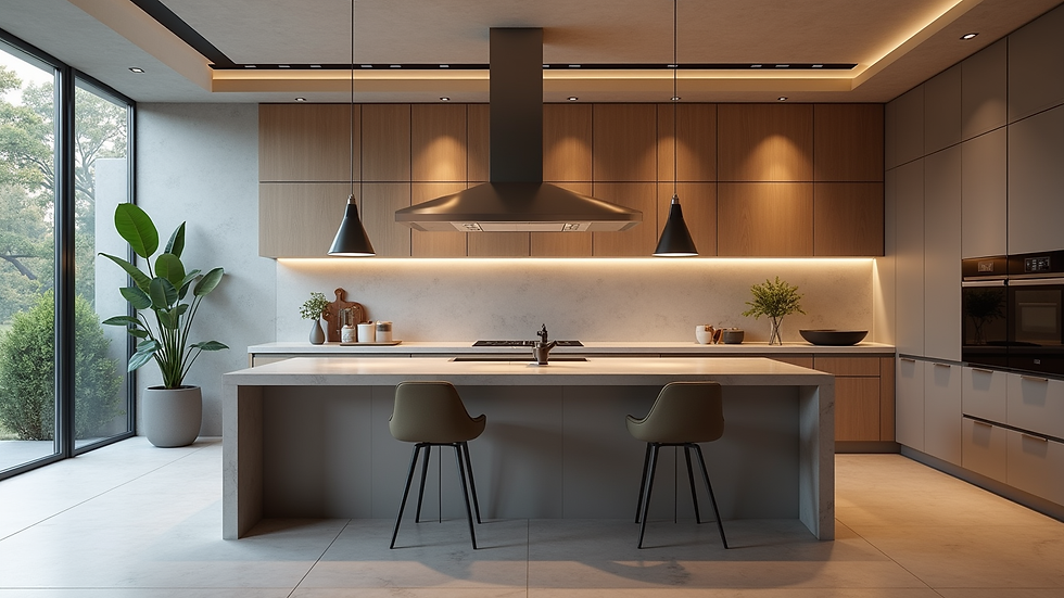 Wide angle view of a sleek kitchen island with pendant lighting