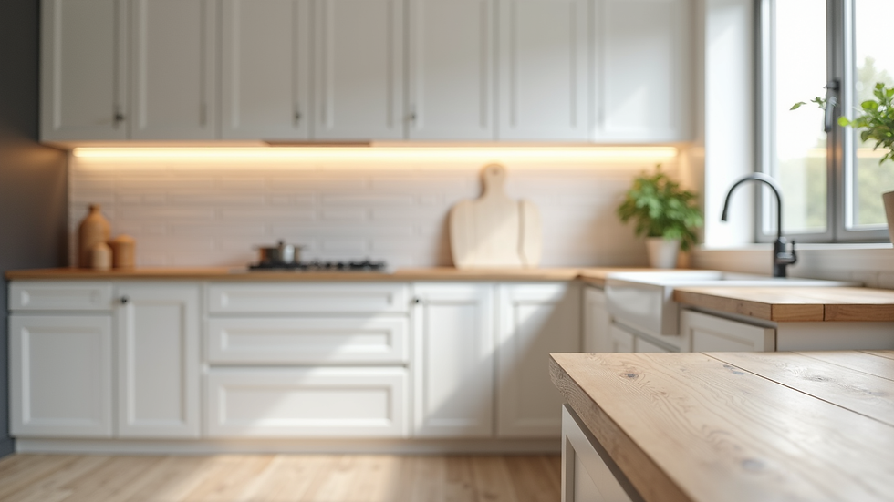 Eye-level view of a modern kitchen with white cabinets and wooden countertops