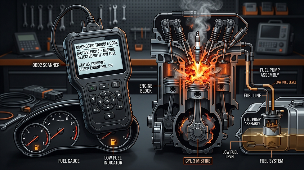 P0313 code misfire detected with low fuel shown on an OBD2 diagnostic scanner