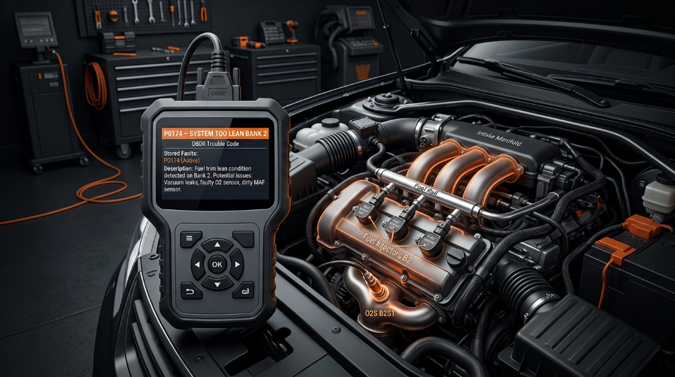 P0174 code System Too Lean Bank 2 shown on an OBD2 diagnostic scanner