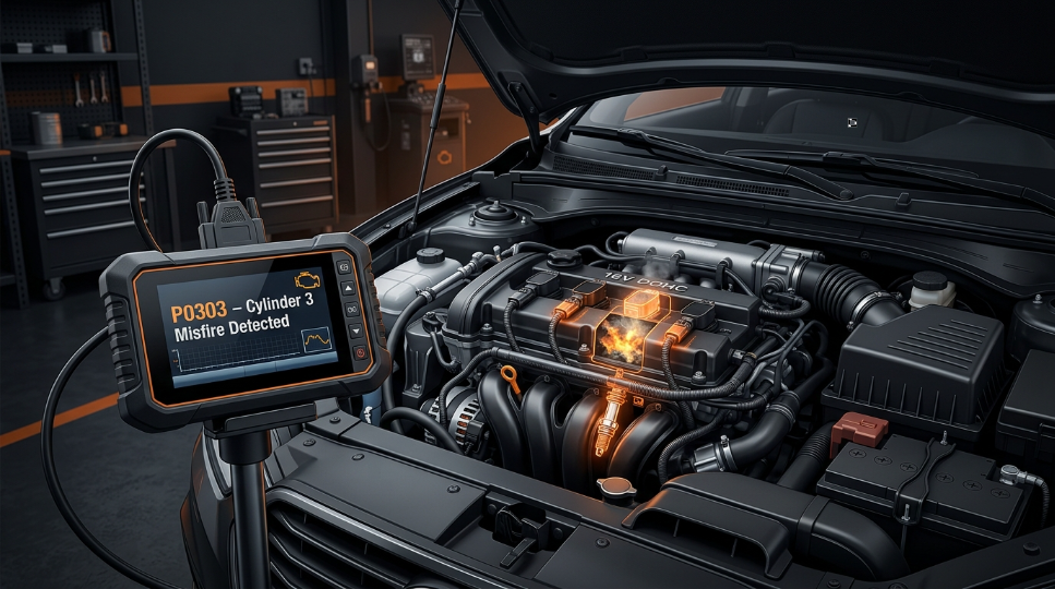 P0303 code cylinder 3 misfire detected on an OBD2 diagnostic scanner