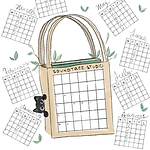 Illustration of a tote bag labeled SOUNDTREE STUDIO with a blank calendar, surrounded by handwritten monthly calendar pages and green leaves. A small black cat peeks from behind the bag, hinting at special term music lesson pricing as a value offer.