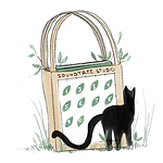 An illustrated tote bag labeled Soundtree Studio stands on grass with green numbered circles, hinting at flexible options like music lesson pricing or a 10 lesson offer. A black cat with its back turned sits beside, surrounded by small plants.