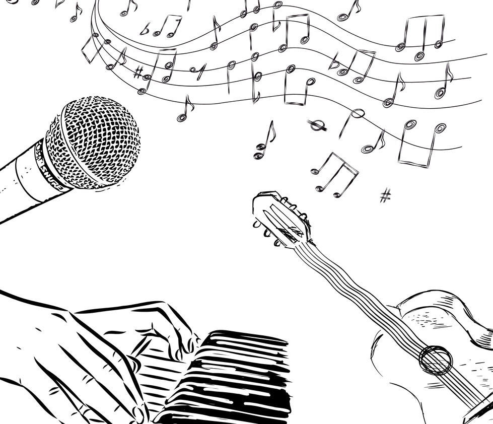 Music rhythms, a treble clef staf flowing and expanding. A shure sm58 microphone in the left side. Two hands playing piano and an acoustic guitar on the right.
