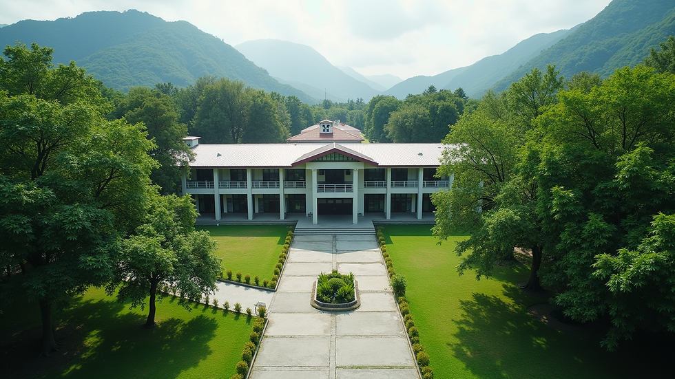 High angle view of the Kailor Education Center building surrounded by lush greenery