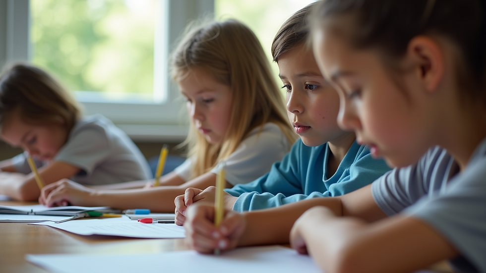 Eye-level view of children in a classroom setting, engaged in learning