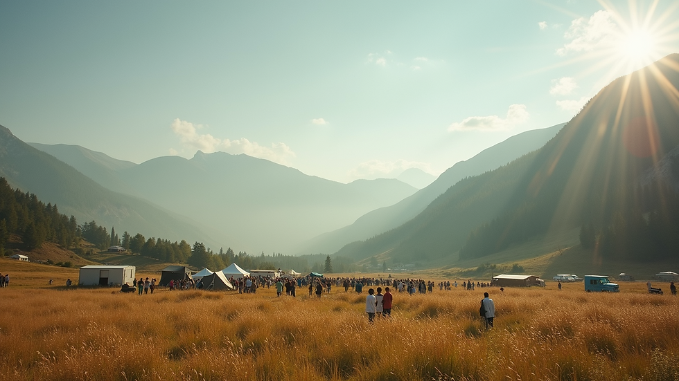 Wide angle view of a scenic landscape featuring a community gathering