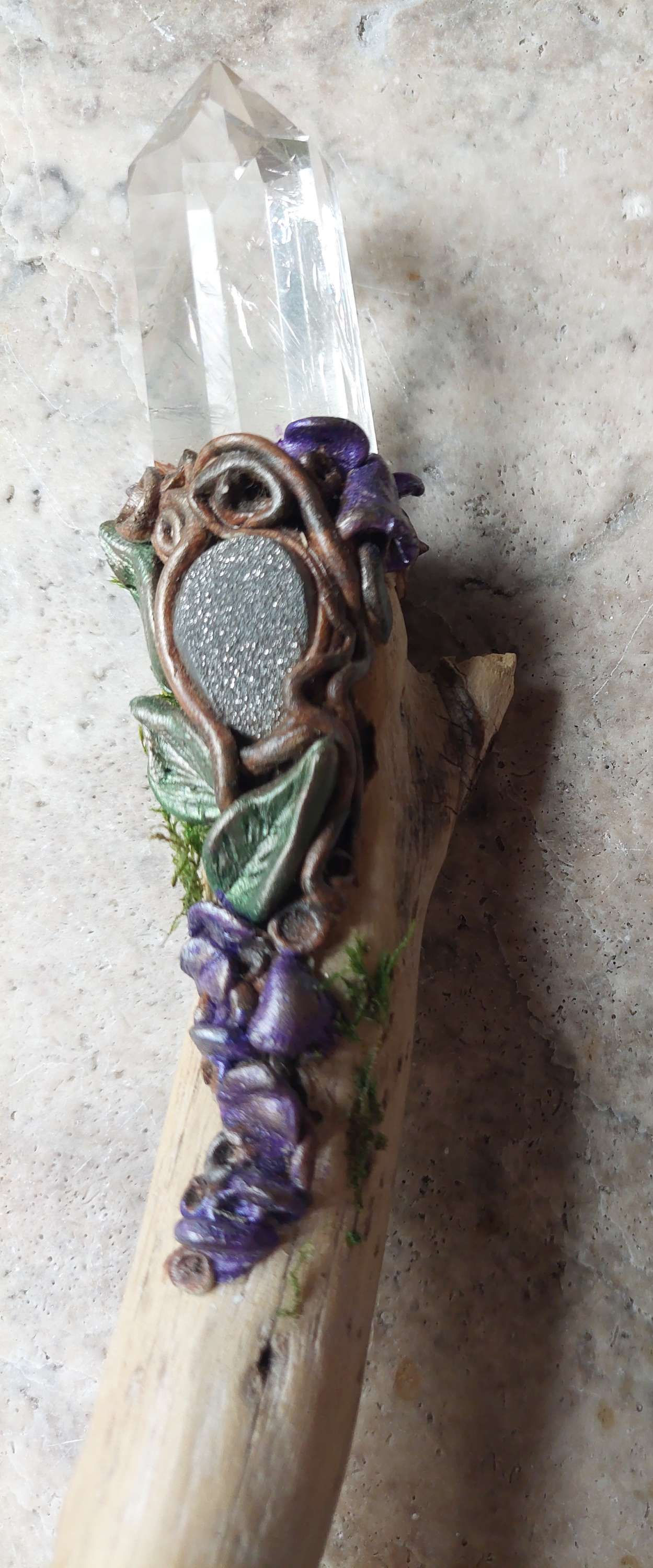 Crystal and driftwood wand
