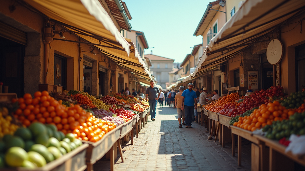 Wide angle view of a vibrant local market in Saint-François
