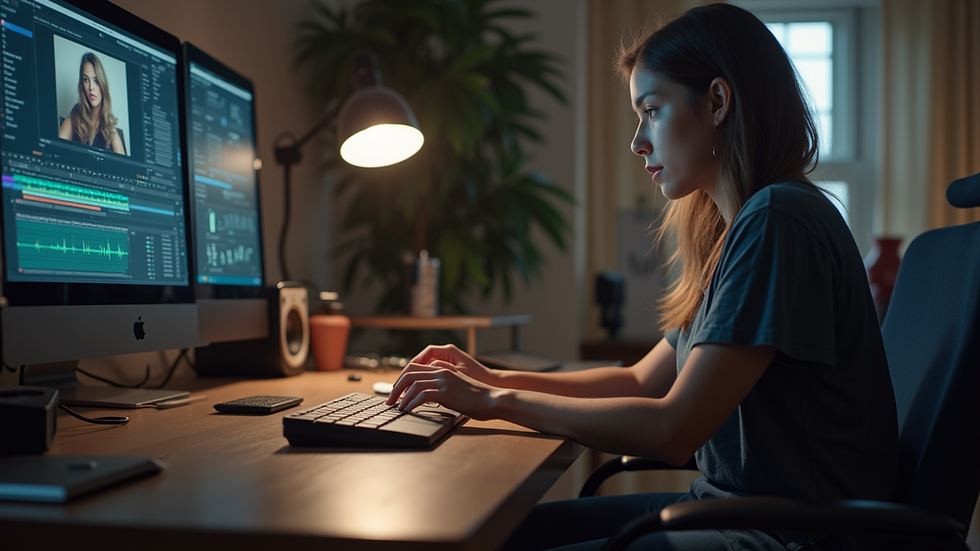Close-up view of a video editor working on a storytelling project