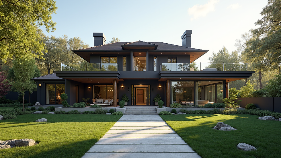Wide angle view of a luxury home exterior with landscaped garden