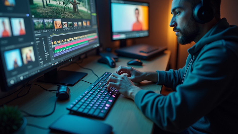 Close-up view of a video editor working on a timeline with multiple video clips