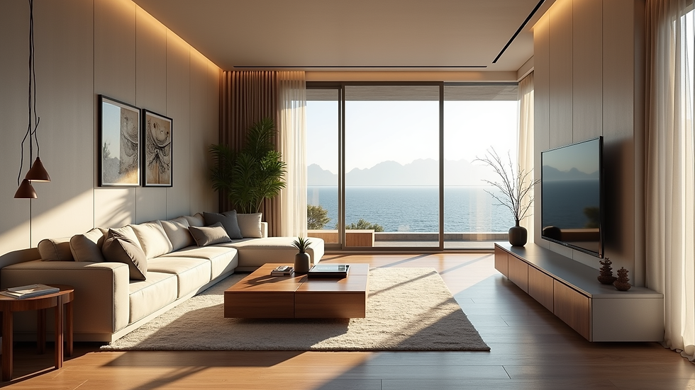 High angle view of a luxury living room with custom furnishings and large windows
