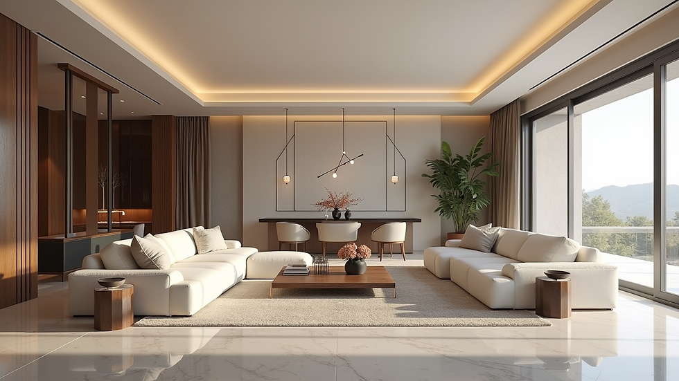 Wide angle view of a luxury home interior with open floor plan and elegant furnishings