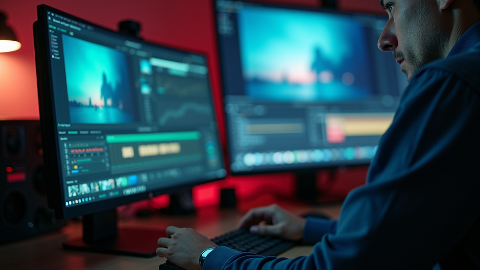 Close-up view of a colorist adjusting video hues on a professional monitor