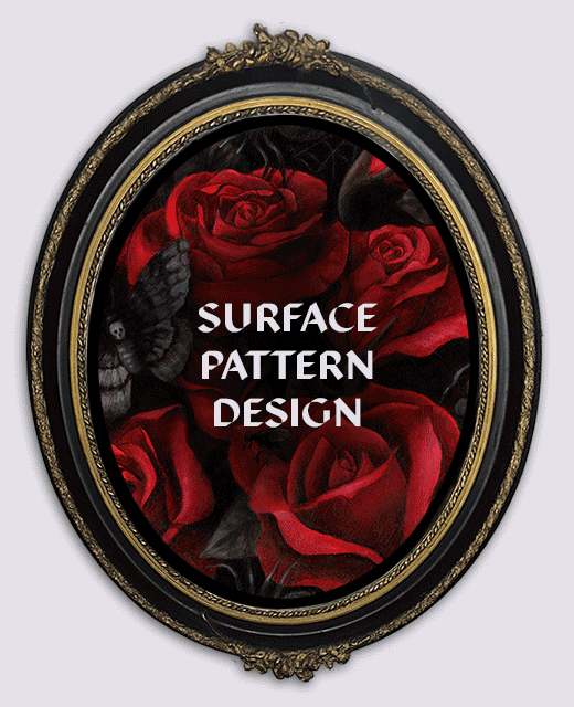 A round frame with a painting of red roses