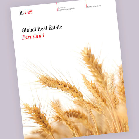 Cover of the UBS Global Real Estate-Farmland brochure, showing a close up of wheat.