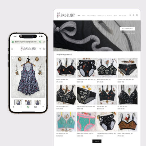 This cover image shows the site design for independent fashion brand, Bad Bunny on mobile and desktop.