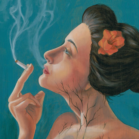 close up of a painting of a tan person smoking upon a teal backdrop.