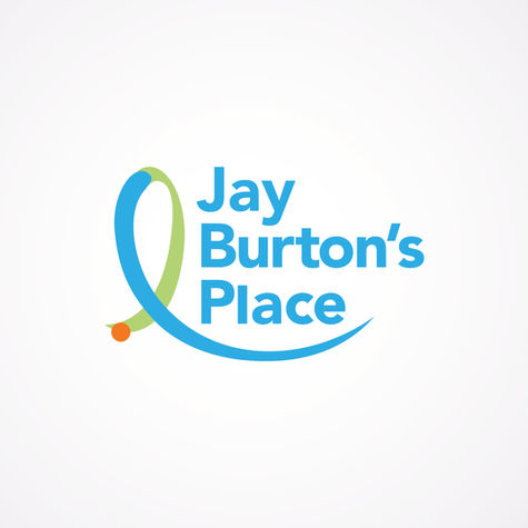 The logo for "Jay Burton's Place" in the tall format. In addition to the blue title, the logos feature a green and blue swoosh with an orange dot.
