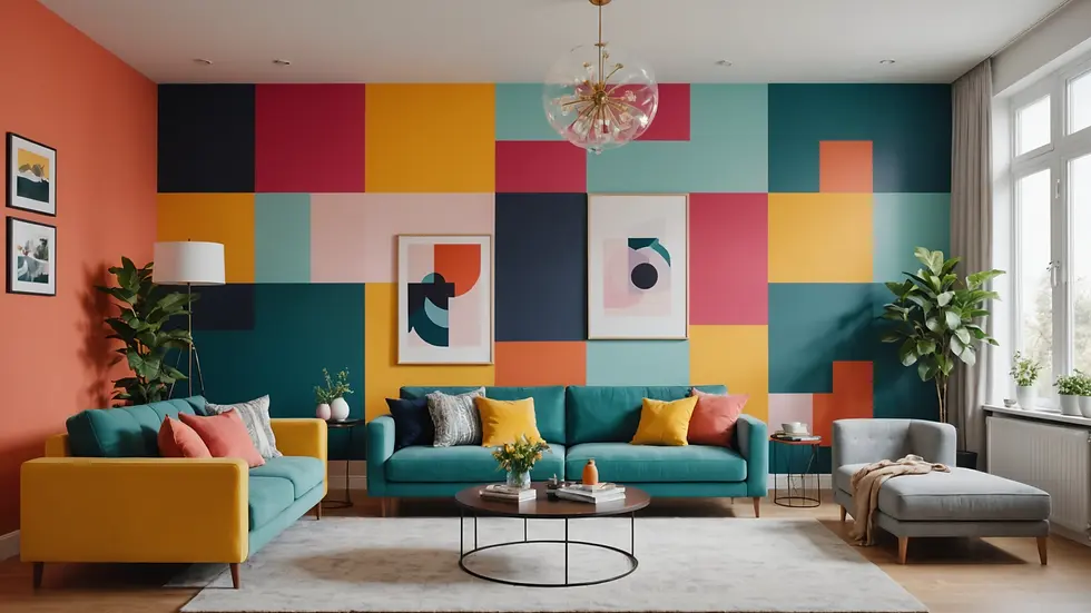 Wide angle view of a colorful living room featuring a color-blocked wall