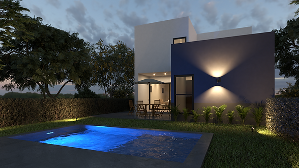 Jardín nocturno de Lastrada con piscina iluminada, terraza exterior y ventanales hacia las áreas sociales